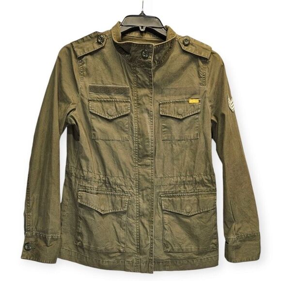Old Navy Jacket Medium Military Pine Needles Patch Snap Zip Button Green Olive - Picture 1 of 9